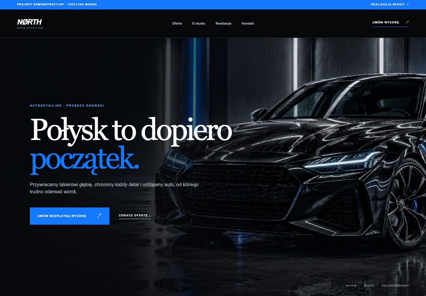 Podgląd strony NØRTH Auto Detailing: logo, menu i ciemna sekcja główna z samochodem