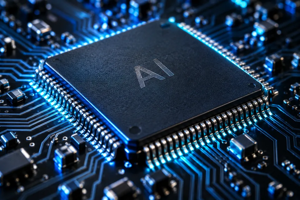 Procesor AI i obwody elektroniczne w niebieskim świetle